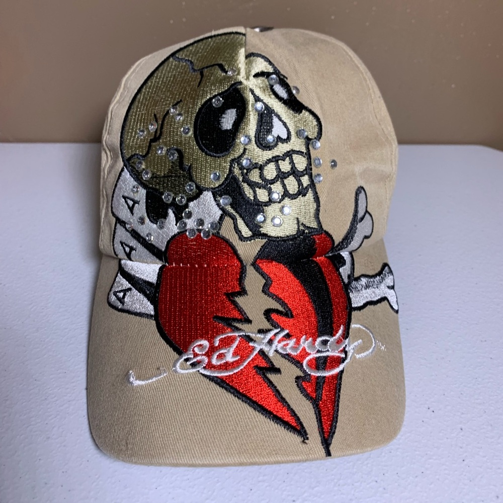 Ed Hardy Tan Cap with Skull and Heart Design